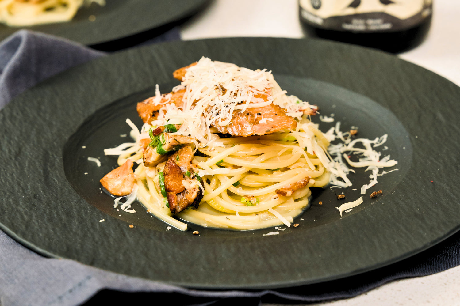 Spaghetti carbonara à la truite fumée